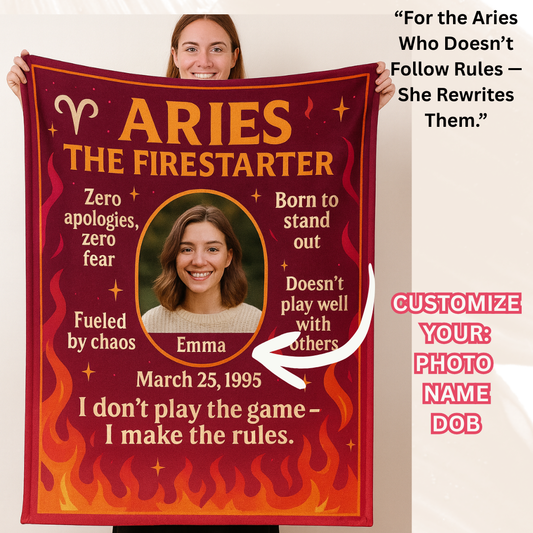 ♈ Aries “Red Reign – The Firestarter” Personalized Zodiac Fleece Blanket | Custom Photo, Name & Birthdate