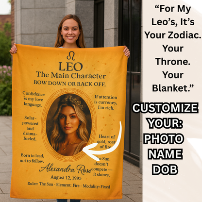 LEO – The Main Character Personalized Zodiac Blanket | Custom Photo, Name & Birthdate | Regal Gold Sunburst Leo Fleece or Sherpa Blanket