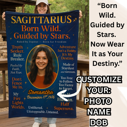 Sagittarius Zodiac Blanket – “Born Wild. Guided by Stars.” | Personalized Cosmic Edition
