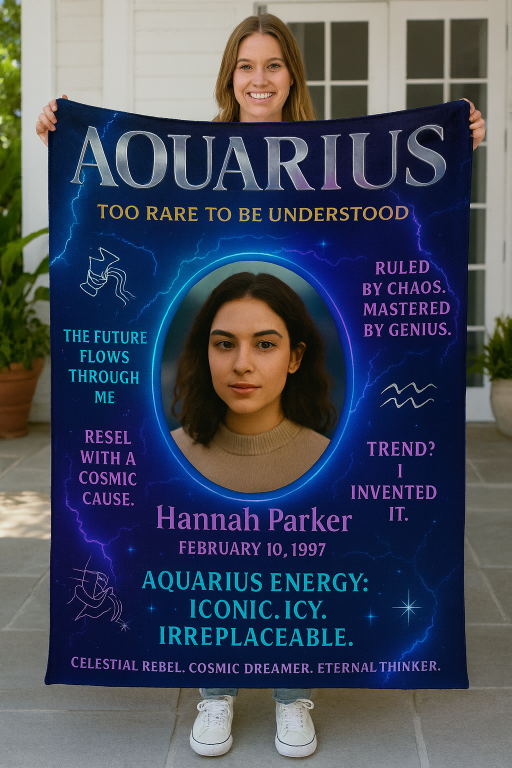 AQUARIUS “Too Rare To Be Understood” Personalized Zodiac Blanket – Electric Blue Cosmic Edition
