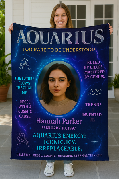 AQUARIUS “Too Rare To Be Understood” Personalized Zodiac Blanket – Electric Blue Cosmic Edition