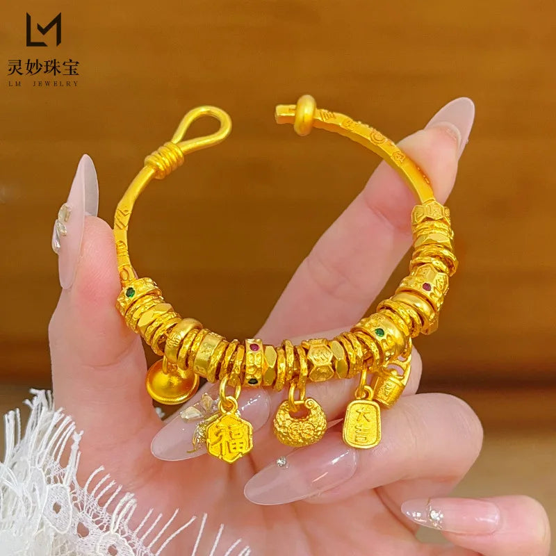 9999 24K real gold luxury jewelry bracelet gold tuotuo brand bell lotus treasure carousel opening bracelet for women
