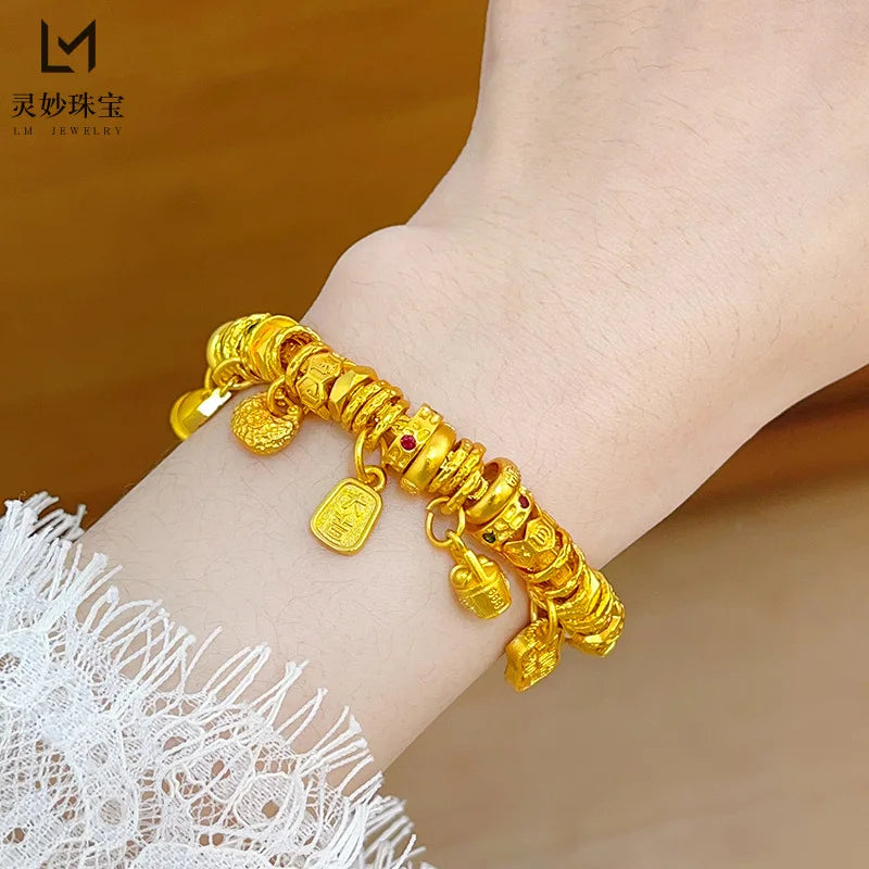9999 24K real gold luxury jewelry bracelet gold tuotuo brand bell lotus treasure carousel opening bracelet for women