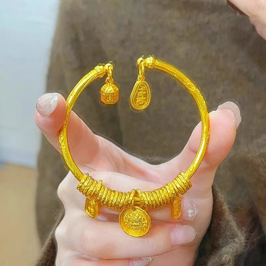 Yellow God of Wealth Coiled Open Bangle Women 24K Gold, AU999 - Rich AU999 Shine, Fine Coils, Wealth Protection, Adjustable Open