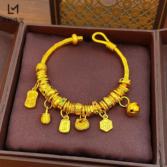 9999 24K real gold luxury jewelry bracelet gold tuotuo brand bell lotus treasure carousel opening bracelet for women
